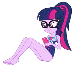 Size: 2800x2520 | Tagged: safe, artist:gmaplay, sci-twi, twilight sparkle, human, equestria girls, equestria girls specials, g4, my little pony equestria girls: better together, my little pony equestria girls: forgotten friendship, bare shoulders, barefoot, cellphone, clothes, feet, female, glasses, high res, one-piece swimsuit, phone, ponytail, sci-twi swimsuit, simple background, sitting, sleeveless, solo, swimsuit, transparent background
