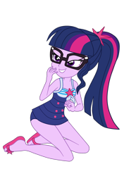 Size: 1900x2692 | Tagged: safe, artist:gmaplay, sci-twi, twilight sparkle, human, equestria girls, equestria girls specials, g4, my little pony equestria girls: better together, my little pony equestria girls: forgotten friendship, clothes, glasses, kneeling, one-piece swimsuit, ponytail, sandals, sci-twi swimsuit, simple background, solo, swimsuit, transparent background