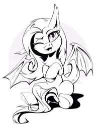 Size: 3000x3888 | Tagged: safe, artist:taneysha, fluttershy, bat pony, pony, g4, bat ponified, flutterbat, grayscale, high res, inktober, inktober 2022, monochrome, one eye closed, race swap, smiling, solo, wink