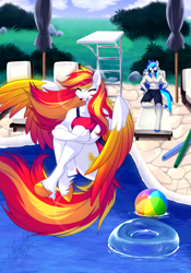Size: 857x1226 | Tagged: safe, artist:scarlet-spectrum, oc, oc only, oc:diamond sun, oc:hawker hurricane, pegasus, anthro, unguligrade anthro, ass, beach ball, butt, cannonball, clothes, commission, diving board, duo, female, inner tube, male, mare, one-piece swimsuit, pinpoint eyes, stallion, sunglasses, swimming pool, swimsuit, wings