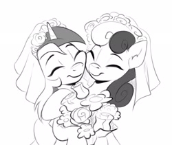 Size: 2492x2104 | Tagged: safe, artist:taneysha, bon bon, lyra heartstrings, sweetie drops, earth pony, pony, unicorn, g4, background pony, bouquet, canon ship, clothes, dress, duo, female, flower, grayscale, high res, inktober, inktober 2022, lesbian, mare, monochrome, ship:lyrabon, shipping, wedding dress