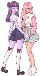 Size: 2073x3919 | Tagged: safe, artist:xqv33n13, fluttershy, twilight sparkle, human, g4, ass, blushing, breasts, butt, clothes, duo, duo female, female, hair over one eye, high res, holding hands, humanized, kneesocks, looking at you, pony coloring, sideboob, simple background, skirt, socks, transparent background, twibutt