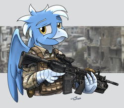 Size: 1920x1669 | Tagged: safe, artist:buckweiser, oc, oc:frost wing, griffon, body armor, camouflage, clothes, griffon oc, gun, h&k m320, heckler and koch, looking at you, m4a1, military, military uniform, ruins, soldier, solo, uniform