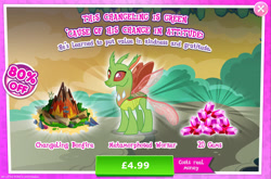 Size: 1958x1291 | Tagged: safe, gameloft, arista, changedling, changeling, g4, my little pony: magic princess, advertisement, background changeling, bonfire, bush, costs real money, english, gem, introduction card, numbers, sale, solo, text, wood