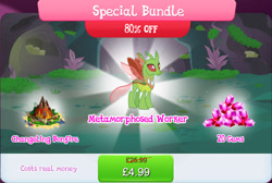 Size: 1274x856 | Tagged: safe, gameloft, arista, changedling, changeling, g4, my little pony: magic princess, background changeling, bonfire, bundle, bush, costs real money, english, gem, numbers, sale, solo, special bundle, text, wood