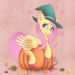 Size: 2169x2160 | Tagged: safe, artist:galaxy swirl, fluttershy, pegasus, pony, g4, blushing, colored hooves, colored wings, ear fluff, female, hat, heart, heart eyes, high res, leaves, mare, pumpkin, smiling, solo, unshorn fetlocks, wingding eyes, winged hooves, wings, witch hat
