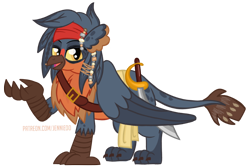 Size: 1000x670 | Tagged: safe, artist:jennieoo, oc, oc:sparrow, griffon, clothes, cosplay, costume, patreon, patreon reward, pirate, show accurate, simple background, sketch, solo, transparent background