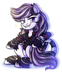 Size: 1966x2281 | Tagged: safe, artist:kannakiller, oc, oc only, oc:sketch, pegasus, pony, accessory, belts, bracelet, clothes, commission, dreamcatcher, ear piercing, earring, fangs, full body, hoodie, hooves, jewelry, looking at you, male, piercing, shirt, simple background, sketch, smiling, smiling at you, solo, sparkles, stallion, tail, unshorn fetlocks, white background, wings