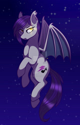 Size: 1600x2489 | Tagged: safe, artist:cherrycandi, oc, oc only, oc:bea, bat pony, pony, bat wings, deviantart watermark, ear piercing, flying, glowing, glowing eyes, night, night sky, obtrusive watermark, piercing, simple background, sky, solo, stars, watermark, wings