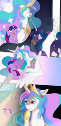 Size: 2048x4187 | Tagged: safe, artist:aztrial, lemon hearts, minuette, princess celestia, spike, twilight sparkle, twinkleshine, alicorn, dragon, pony, unicorn, g4, baby, baby dragon, baby spike, book, cake, cakelestia, caught red-handed, comforting, crying, cute, eating, female, filly, filly twilight sparkle, floppy ears, food, messy eating, nervous sweat, night, pastry, reading, starry eyes, story included, sweat, sweatdrop, test, that pony sure does love books, that pony sure does love cakes, tired, twiabetes, unicorn twilight, wingding eyes, younger, 🅱