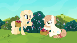 Size: 1280x725 | Tagged: safe, artist:cindystarlight, oc, oc:ashley shine diamond, oc:sandy sunny, pony, unicorn, base used, basket, berry, bush, female, food, mare