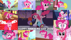 Size: 1974x1111 | Tagged: safe, edit, edited screencap, editor:quoterific, screencap, pinkie pie, earth pony, pony, apple family reunion, discordant harmony, g4, green isn't your color, inspiration manifestation, make new friends but keep discord, pinkie pride, school daze, season 1, season 2, season 3, season 4, season 5, season 6, season 8, season 9, sweet and elite, the crystalling, the last laugh, the last roundup, the ticket master, what about discord?, bee hive, breaking the fourth wall, collage, cute, diapinkes, female, mare, party cannon, pinkie pie day, pinkie promise, starry eyes, wingding eyes