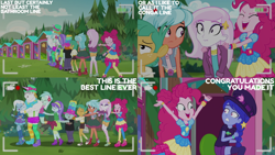 Size: 4400x2475 | Tagged: safe, edit, edited screencap, editor:quoterific, screencap, aqua blossom, bulk biceps, fleur-de-lis, frosty orange, lyra heartstrings, pinkie pie, snails, snips, space camp, trixie, human, equestria girls, five lines you need to stand in, g4, my little pony equestria girls: better together, conga line
