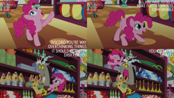 Size: 4400x2475 | Tagged: safe, edit, edited screencap, editor:quoterific, screencap, discord, pinkie pie, draconequus, earth pony, pony, discordant harmony, g4, beach ball, derp, duo, eyes closed, faic, female, frown, hat, high res, implied fluttershy, lava lamp, male, mare, open mouth, open smile, party hat, pinkie being pinkie, piñata, shopping cart, smiling, snaggletooth, store, text edit