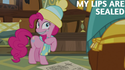 Size: 1920x1080 | Tagged: safe, edit, edited screencap, editor:quoterific, screencap, pinkie pie, prince rutherford, earth pony, pony, yak, g4, my little pony best gift ever, my little pony: friendship is magic, clothes, hat, paper, scarf