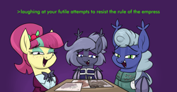Size: 2466x1284 | Tagged: safe, artist:moonatik, sour sweet, oc, oc:auburn leaf, oc:selenite, bat pony, earth pony, pony, equestria at war mod, new lunar millennium, g4, abstract background, alternate timeline, bat pony oc, bowtie, cherry, clothes, equestria girls ponified, eyeshadow, fangs, food, freckles, greentext, laughing, laughingmares.jpg, makeup, map, map of equestria, military uniform, nightmare takeover timeline, ponified, purple background, shirt, simple background, smug, table, text, uniform