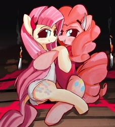 Size: 2141x2363 | Tagged: safe, artist:solid shrimp, fluttershy, pinkie pie, earth pony, pegasus, pony, succubus, g4, butt, candle, clothes, costume, devil horns, duo, female, high res, horns, hug, leotard, looking at you, magic, magic circle, mare, plot, summoning circle