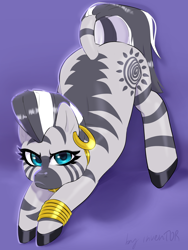 Size: 1500x2000 | Tagged: safe, artist:inventor, zecora, pony, zebra, g4, ass up, ear piercing, face down ass up, jack-o challenge, looking at you, meme, piercing, solo, unhappy
