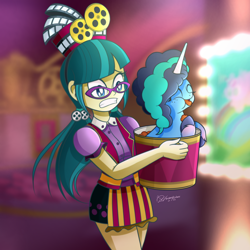 Size: 4500x4500 | Tagged: safe, artist:theratedrshimmer, juniper montage, misty brightdawn, human, pony, unicorn, equestria girls, g4, g4.5, g5, cute, duo, duo female, eating, female, food, g5 to g4, generation leap, junibetes, mare, mistybetes, popcorn, that pony sure does love popcorn, theater