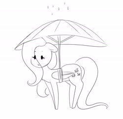 Size: 2048x1980 | Tagged: safe, artist:cherubisous, fluttershy, pegasus, pony, g4, black and white, bound wings, cute, eye clipping through hair, female, floppy ears, grayscale, mare, monochrome, rain, rope, shyabetes, simple background, solo, umbrella, white background, wings