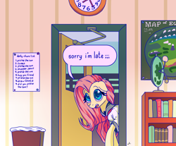 Size: 5400x4461 | Tagged: safe, artist:docwario, fluttershy, pegasus, pony, g4, absurd resolution, blushing, classroom, clothes, cute, female, floppy ears, fluttober, mare, open mouth, school uniform, shyabetes, solo, speech bubble