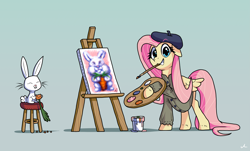 Size: 6509x3927 | Tagged: safe, artist:docwario, angel bunny, fluttershy, pegasus, pony, rabbit, g4, absurd resolution, animal, beret, carrot, cute, duo, easel, female, fluttober, food, gradient background, grin, hat, herbivore, hoof hold, looking at you, male, mare, mouth hold, paintbrush, painting, palindrome get, shyabetes, simple background, smiling, smiling at you, teal background