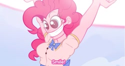 Size: 1115x588 | Tagged: safe, artist:l4zy_4le, pinkie pie, human, smile hd, g4, arms in the air, big grin, bowtie, breasts, clothes, female, grin, humanized, scary face, scene interpretation, shirt, smiling, solo, this will end in death