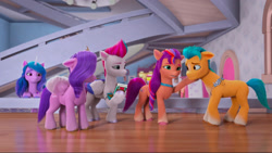 Size: 2388x1345 | Tagged: safe, screencap, hitch trailblazer, izzy moonbow, pipp petals, sunny starscout, zipp storm, earth pony, pegasus, pony, unicorn, g5, have you seen this dragon?, my little pony: make your mark, my little pony: make your mark chapter 2, spoiler:g5, spoiler:my little pony: make your mark chapter 2, spoiler:mymc02e08, cellphone, confident, crystal brighthouse, female, male, mane five, mare, phone, sad, stallion, wooden floor, worried