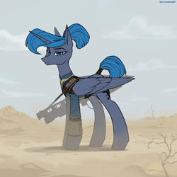 Size: 3000x3000 | Tagged: safe, artist:kirasunnight, princess luna, alicorn, pony, g4, alternate hairstyle, clothes, fallout, female, gauss rifle, gun, high res, jumpsuit, pipbuck, solo, tail, tail wrap, vault suit, wasteland, weapon