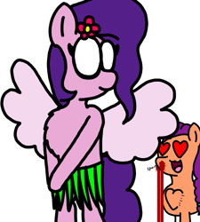 Size: 1275x1414 | Tagged: safe, artist:professorventurer, pipp petals, sunny starscout, earth pony, pegasus, pony, series:ask pippamena, g5, :3, bipedal, blood, clothes, female, flower, flower in hair, grass skirt, heart, heart eyes, lesbian, nosebleed, pippamena, shipping, skirt, sunnypipp, wingding eyes
