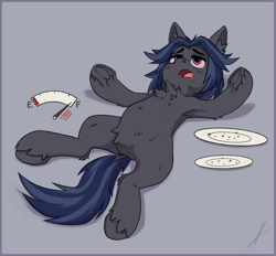 Size: 3690x3426 | Tagged: safe, artist:midnightflight, oc, oc only, oc:mattriel, earth pony, pony, belly, belly button, bloated, chest fluff, dishes, ear fluff, earth pony oc, featureless crotch, fluffy, food baby, full, high res, hooves, lying down, on back, open mouth, plate, stuffed, stuffed belly