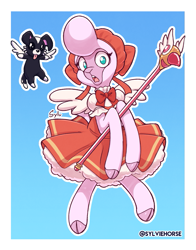 Size: 825x1050 | Tagged: safe, artist:nekocrispy, pom (tfh), dog, lamb, sheep, them's fightin' herds, adorapom, cardcaptor sakura, clothes, cloven hooves, community related, cosplay, costume, cute, female, flying, male, open mouth, staff