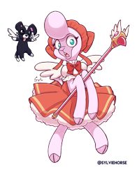 Size: 825x1050 | Tagged: safe, alternate version, artist:nekocrispy, pom (tfh), dog, lamb, sheep, them's fightin' herds, adorapom, cardcaptor sakura, clothes, cloven hooves, community related, cosplay, costume, cute, female, flying, male, open mouth, simple background, staff, transparent background