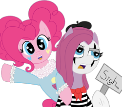Size: 2500x2199 | Tagged: safe, artist:legendoflink, pinkie pie, earth pony, pony, g4, alternate hairstyle, annoyed, beret, clown, duality, duo, duo female, female, hat, heart, heart eyes, high res, holding sign, looking at you, looking away, makeup, mare, mime, pinkamena diane pie, pinktober, raised hoof, self paradox, self ponidox, sigh, sign, simple background, text, transparent background, wingding eyes