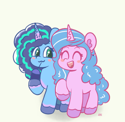 Size: 1795x1760 | Tagged: safe, artist:limitmj, izzy moonbow, misty brightdawn, pony, unicorn, g5, ^^, blushing, cute, drink, drinking, duo, duo female, ear fluff, eyes closed, female, full body, happy, horn, izzybetes, jewelry, looking at each other, looking at someone, mare, mistybetes, raised hoof, smiling, smiling at each other, smoothie, talking, unshorn fetlocks