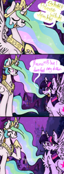 Size: 726x1944 | Tagged: safe, artist:4agonism, princess celestia, twilight sparkle, alicorn, pony, comic:alicorn genetics 101, g4, magical mystery cure, 3 panel comic, ascension enhancement, bags under eyes, canterlot, canterlot castle, chest fluff, comic, crown, digital art, duo, duo female, ear fluff, ethereal mane, eyes closed, female, flowing mane, fluffing up, flufflight sparkle, fluffy, folded wings, hoof shoes, horn, house, jewelry, laughing, lineart, looking at each other, looking at someone, mare, night, nose wrinkle, onomatopoeia, open frown, open mouth, open smile, outdoors, peytral, ponyville, poof, princess shoes, regalia, royalty, shading, smiling, smirk, snickering, sparkling mane, sparkling tail, spread wings, tiara, twilight sparkle (alicorn), twilight sparkle is not amused, unamused, wall of tags, wingboner, wings