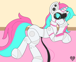 Size: 2412x1968 | Tagged: safe, artist:gnashie, oc, oc only, oc:cyber rose, pony, robot, robot pony, unicorn, bored, cable, charging, colored, flat colors, horn, lights, lying down, prone, screen, unicorn oc