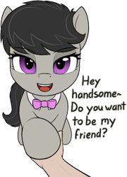 Size: 364x506 | Tagged: safe, artist:zippysqrl, octavia melody, earth pony, human, pony, g4, aggie.io, bedroom eyes, bowtie, bronybait, dialogue, female, hand, holding hoof, looking at you, mare, offscreen character, open mouth, open smile, pov, raised hoof, simple background, sitting, smiling, smiling at you, solo focus, talking to viewer, transparent background