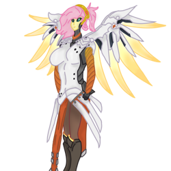 Size: 1000x1000 | Tagged: safe, artist:fluttershy_mop, fluttershy, human, equestria girls, g4, armor, armor skirt, artificial wings, augmented, boots, breasts, clothes, crossover, cute, gloves, mecha, mechanical wing, mercy, mercyshy, overwatch, shoes, shyabetes, simple background, skirt, solo, spread wings, stockings, thigh highs, transparent background, wings