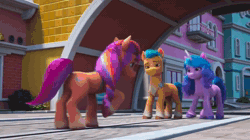 Size: 1280x716 | Tagged: safe, screencap, izzy moonbow, pipp petals, sunny starscout, zipp storm, earth pony, pegasus, pony, unicorn, g5, have you seen this dragon?, my little pony: make your mark, my little pony: make your mark chapter 2, spoiler:g5, spoiler:my little pony: make your mark chapter 2, spoiler:mymc02e08, animated, arch, bell, building, debate, discussion, female, looking down, mare, sound, street, tracks, unsure, webm