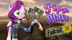 Size: 1920x1080 | Tagged: safe, artist:pika-robo, pipp petals, pegasus, pony, series:pipp plays, g4, g5, 3d, clothes, confused, error, fake thumbnail, fallout, fallout 76, female, floating, frown, g5 to g4, gamer pipp, gaming headset, generation leap, glitch, gun, headset, jumpsuit, let's play, looking at something, mare, pipbuck, pun, solo, source filmmaker, take that, vault suit, wasteland, weapon, youtube thumbnail