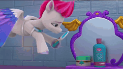Size: 1280x716 | Tagged: safe, screencap, pipp petals, zipp storm, pegasus, pony, g5, have you seen this dragon?, my little pony: make your mark, my little pony: make your mark chapter 2, spoiler:g5, spoiler:my little pony: make your mark chapter 2, spoiler:mymc02e08, animated, bottle, brush, case, catching, chair, female, flying, frustrated, groan, hair steamer, hairbrush, mare, mirror, on floor, royal sisters (g5), seat, shampoo, shoving, siblings, sisters, sound, stage, webm