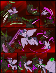 Size: 1042x1358 | Tagged: safe, artist:dendoctor, mean twilight sparkle, alicorn, pony, timber wolf, comic:clone.., g4, alternate universe, bag, clone, comic, energy blast, energy sword, everfree forest, female, glowing, glowing horn, horn, magic, mare, saddle bag, sword, telekinesis, twilight sparkle (alicorn), weapon