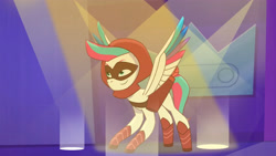 Size: 4096x2302 | Tagged: safe, screencap, zipp storm, pegasus, pony, g5, my little pony: tell your tale, nightmare night party, spoiler:g5, spoiler:my little pony: tell your tale, spoiler:tyts01e30, arrowverse, clothes, costume, female, hood, lights, mare, nightmare night costume, smiling, solo, spotlight, spread wings, wings, youtube link