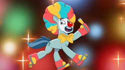 Size: 4096x2302 | Tagged: safe, screencap, rufus, earth pony, pony, g5, my little pony: tell your tale, nightmare night party, spoiler:g5, spoiler:my little pony: tell your tale, spoiler:tyts01e30, clothes, clown, clown makeup, clown nose, clown shoes, clown wig, costume, in the air, male, nightmare night costume, open mouth, open smile, red nose, smiling, solo, stallion, wig, youtube link