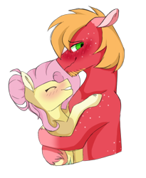 Size: 420x511 | Tagged: safe, artist:fluffy-fillies, big macintosh, fluttershy, earth pony, pegasus, pony, g4, alternate hairstyle, beard, blushing, eyes closed, facial hair, female, floppy ears, freckles, hug, male, mare, ship:fluttermac, shipping, shoulder freckles, simple background, smiling, stallion, straight, transparent background