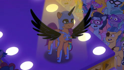 Size: 4096x2302 | Tagged: safe, screencap, cherry flyaway, feather clips, lemon gear, nightmare moon, nightracer, paisley bluebell, plum library, shiny sparks, sunny starscout, alicorn, earth pony, pegasus, pony, unicorn, g5, my little pony: tell your tale, nightmare night party, spoiler:g5, spoiler:my little pony: tell your tale, spoiler:tyts01e30, alicorn costume, background pony audience, clothes, costume, eyepatch, female, flower costume, frown, glasses, lights, mare, mask, nightmare night costume, nightmare sunny, open mouth, solo focus, spread wings, unnamed character, unnamed pony, wings, youtube link
