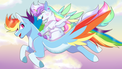 Size: 1920x1080 | Tagged: safe, artist:fluffy-fillies, rainbow dash, oc, oc:iridescent dream land, alicorn, pegasus, pony, g4, alicorn oc, bandaid, colored wings, demiboy pride flag, duo, eyes closed, female, flying, foal, horn, looking back, mare, mother and child, multicolored wings, multiple parents, offspring, open mouth, parent:applejack, parent:fluttershy, parent:pinkie pie, parent:rainbow dash, parent:rarity, parent:twilight sparkle, parents:omniship, ponies riding ponies, pride, pride flag, rainbow wings, riding, smiling, transgender pride flag, wings