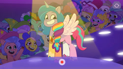 Size: 4096x2302 | Tagged: safe, screencap, alpine aspen, cherry flyaway, delightful trifle, emerald saucer, izzy moonbow, minty skylark, paisley bluebell, shiny sparks, sunny styles, earth pony, pegasus, pony, unicorn, g5, my little pony: tell your tale, nightmare night party, spoiler:g5, spoiler:my little pony: tell your tale, spoiler:tyts01e30, amalgamation, amalgamizzy, background pony audience, clothes, coat markings, costume, female, flower costume, grin, hat, hoof polish, implied hitch trailblazer, implied pipp petals, implied sunny starscout, implied zipp storm, mane stripe sunny, mare, mask, nightmare night costume, smiling, socks (coat markings), solo focus, spread wings, unnamed character, unnamed pony, wings, witch hat, youtube link