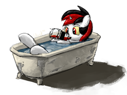 Size: 1883x1419 | Tagged: safe, artist:uteuk, oc, oc only, oc:blackjack, pony, unicorn, fallout equestria, fallout equestria: project horizons, alcohol, bath, drinking, fanfic art, horn, simple background, small horn, solo, water, white background, wild pegasus, yellow eyes